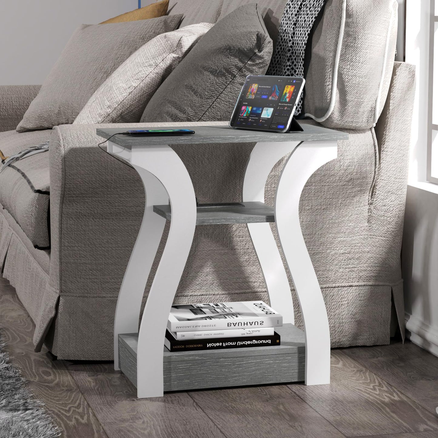 FROMJBEST End Tables Living Room, Grey End Table with Charging Station, Grey Side Table, Nightstand for Bedroom, 3 Tier End Table with Storage Shelf for Living Room