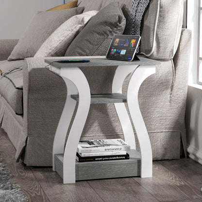 FROMJBEST End Tables Living Room, Grey End Table with Charging Station, Grey Side Table, Nightstand for Bedroom, 3 Tier End Table with Storage Shelf for Living Room