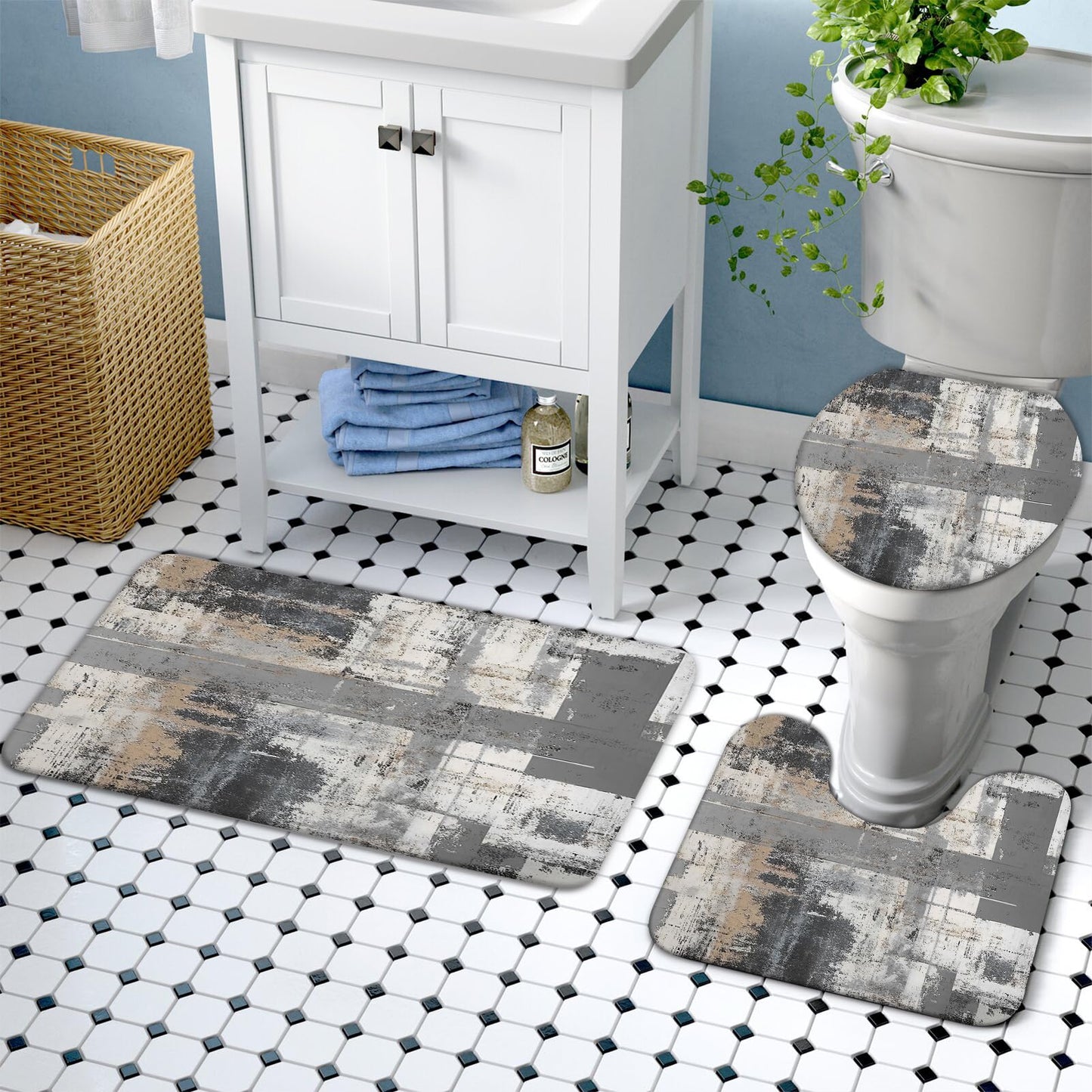 Lnond 4Pcs Bathroom Shower Curtain Sets with Rugs,Black and Grey Painting Art Bathroom Sets with Shower Curtain and Rugs and Accessories