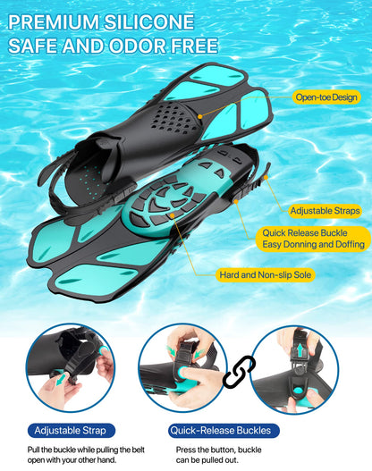 Ubekezele Snorkeling Gear for Adults Men Women,4 in 1 Snorkel Set with Panoramic View Diving Mask Anti-Fog Anti-Leak,Dry Top Snorkel,Fins and Travel Bag for Swimming,Snorkeling and Travel Diving