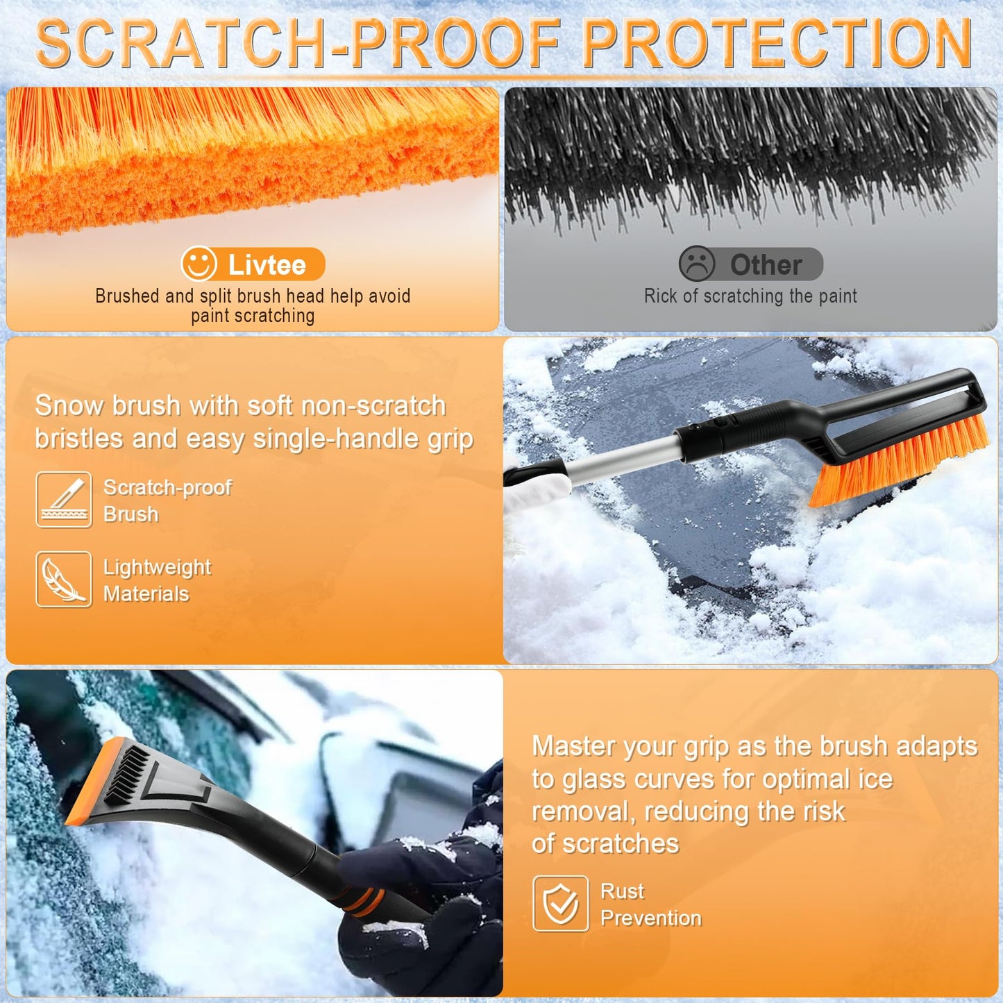 LivTee Ice Scraper and Snow Brush for Car Windshield, 32.5" Extendable Snow Removal Tool, Automotive Exterior Accessories and Winter Essentials for Cars, Trucks, and SUVs,Orange