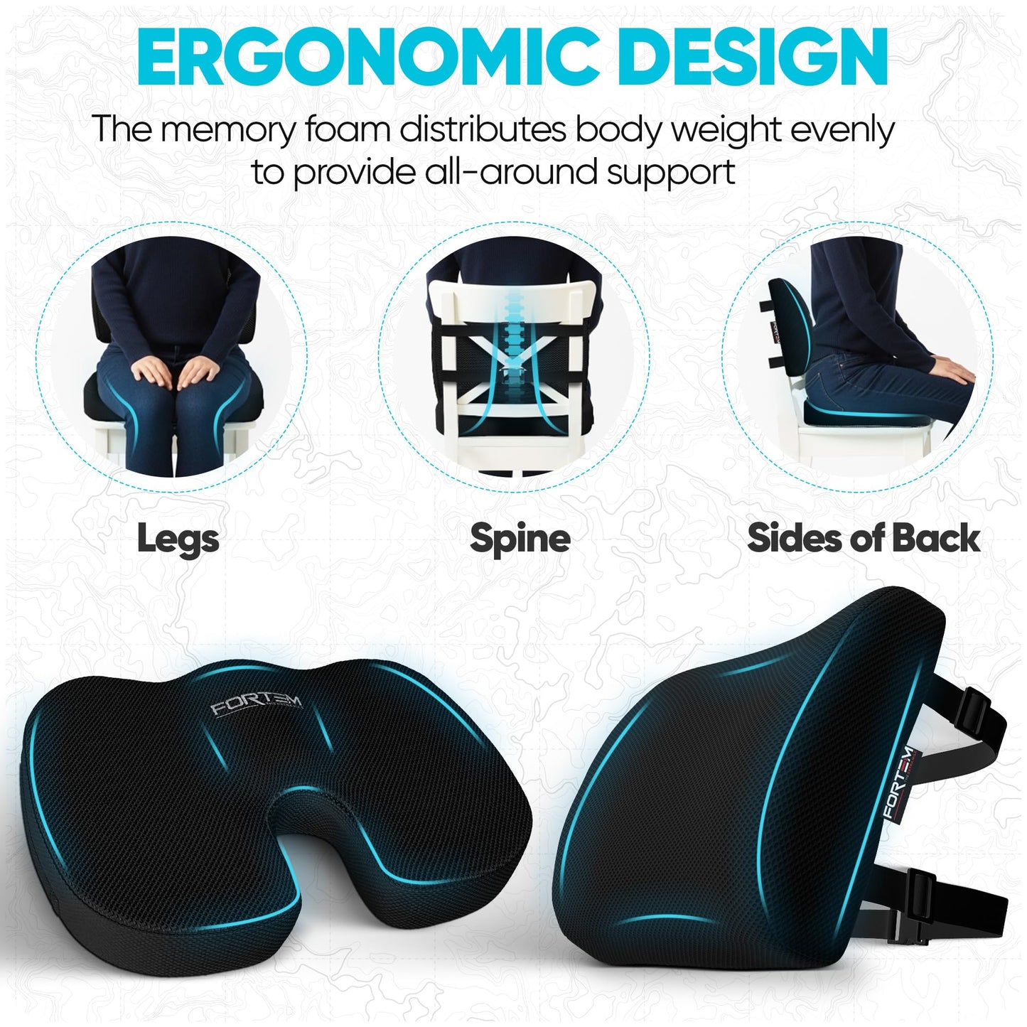 FORTEM Office Chair Cushion and Back Support for Office Chair, Lumbar Support Pillow, Memory Foam, Non Slip Sitting and Back Rest for Gaming, Car Seat Cushion, Chair Pad