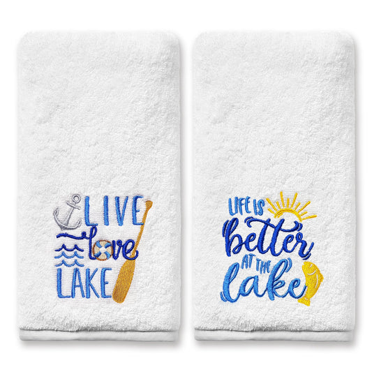 FUTBU Lake Hand Towels for Bathroom Set of 2, Embroidered House Gifts Decor, Life Decorative New Home Tea Towels, 100% Cotton Soft Kitchen Towels 14x30 Inches