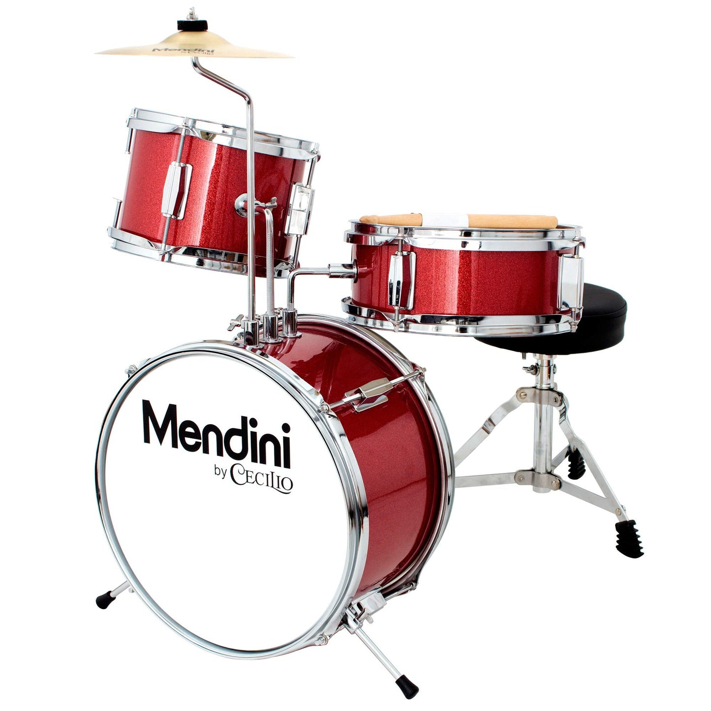 Mendini By Cecilio Kids Drum Set, 3 Piece Junior Drum Set for Beginners with Bass Tom Snare Drum, 13 inch Drum Kit with Snare, Cymbal, Drumsticks, Adjustable Seat (Metallic Red)