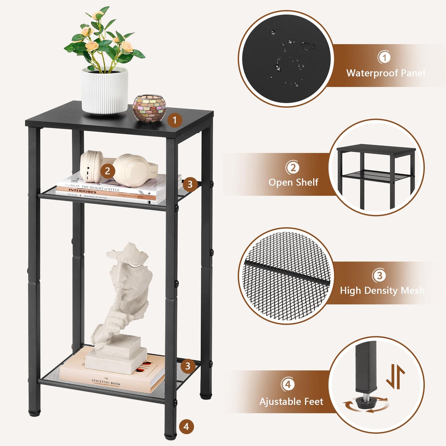 Hoctieon 3 Tier End Table, Telephone Table, Tall Side Table with Storage, Small Nightstand for Small Spaces, Metal Frame, For Living Room, Bedroom, Sofa Couch, Hall, Easy Assembly, Black