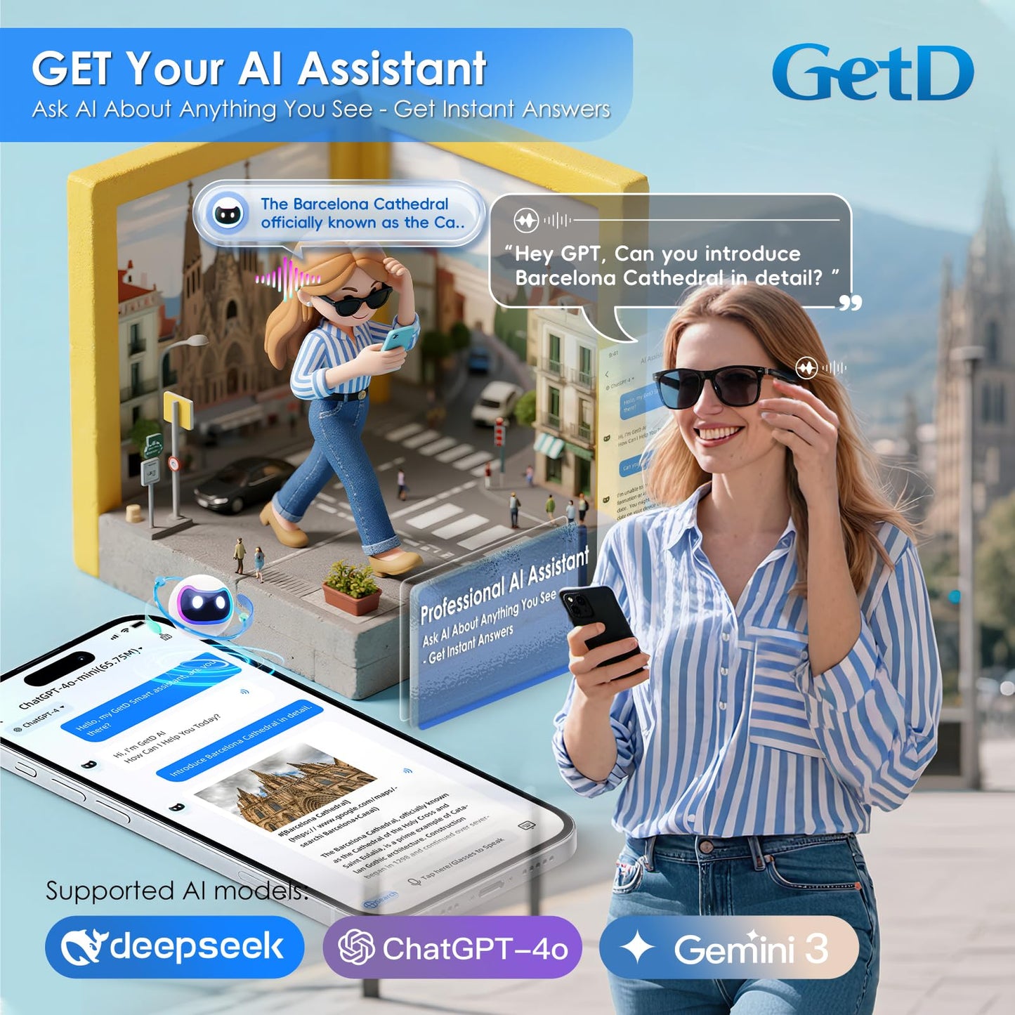GetD AI Glasses for Men & Women, Smart Glasses Powered by ChatGPT, AI Real-time Translation with 147 Languages, 11H Music Play, Bluetooth Glasses with Photochromic Lens for Daily Use, Travel