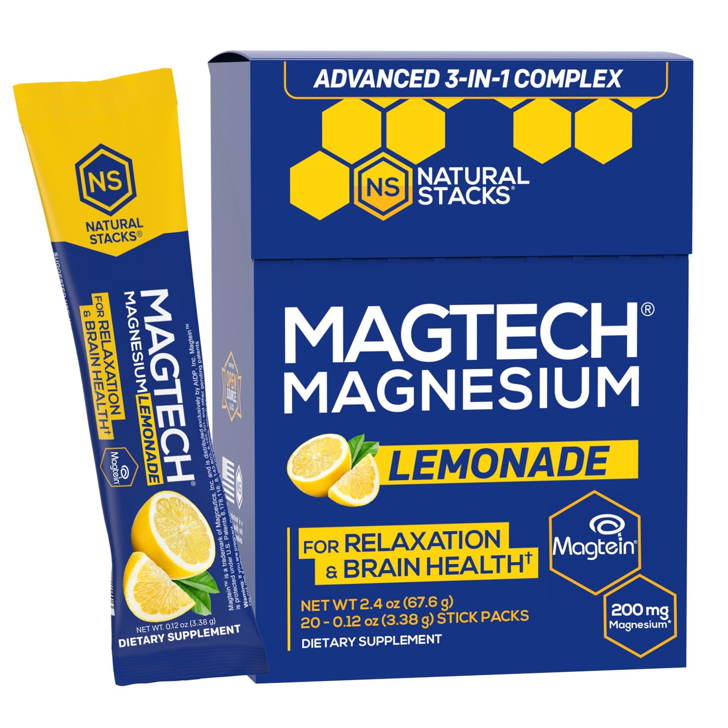 MagTech Magnesium Drink Mix - Sugar Free Lemonade - 3 Forms of Magnesium: Magtein L-Threonate, Glycinate & Taurate - 200mg Chelated Magnesium Complex - Supports Relaxation & Brain Health - 20 Servings