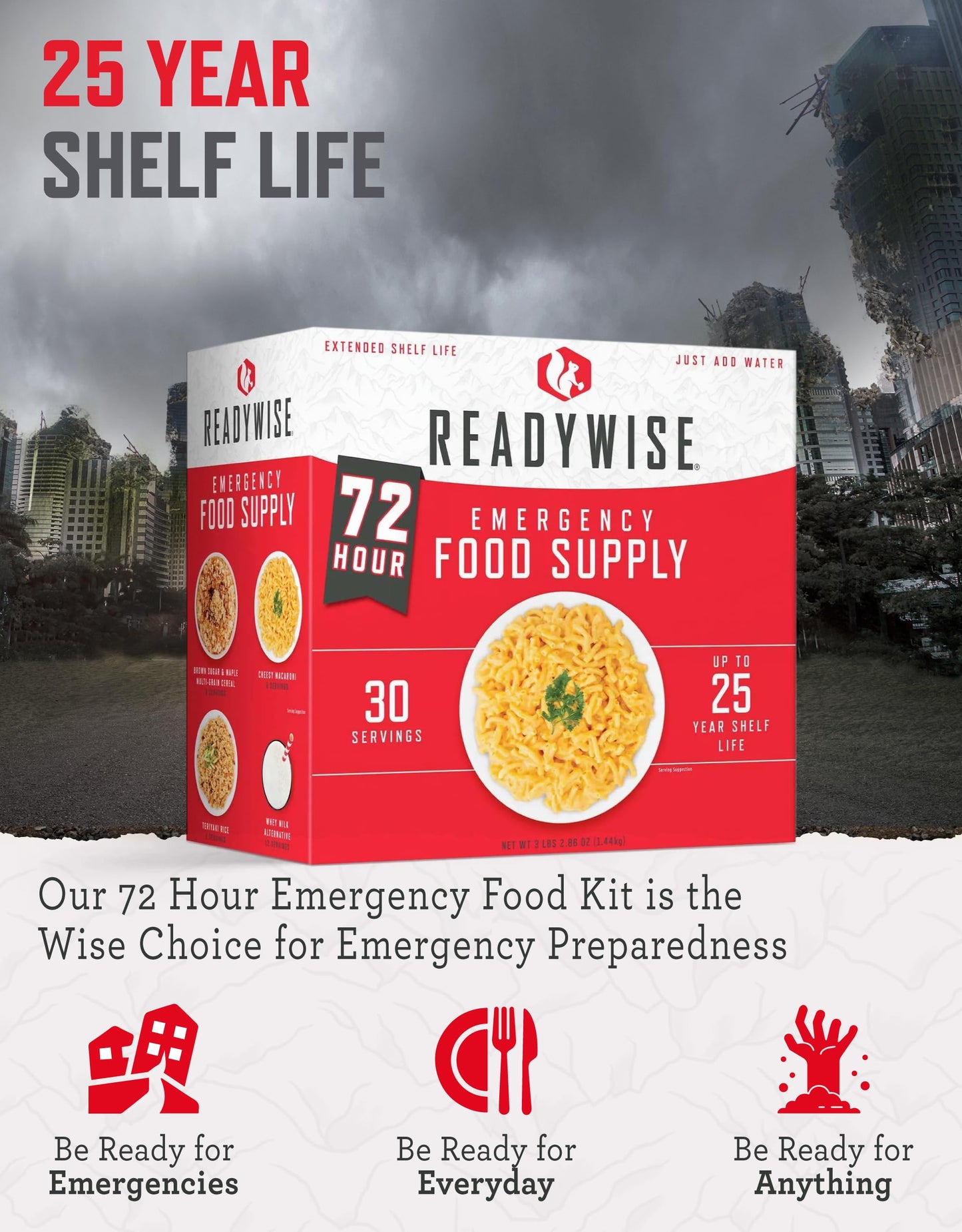 ReadyWise Emergency Food Supply - 72 Hour Survival Kit, 30 Servings of Protein Meals, Freeze Dried Food for Backpacking, Camping Essentials & Disaster Prepping Supplies, up to 25 Year Shelf Life