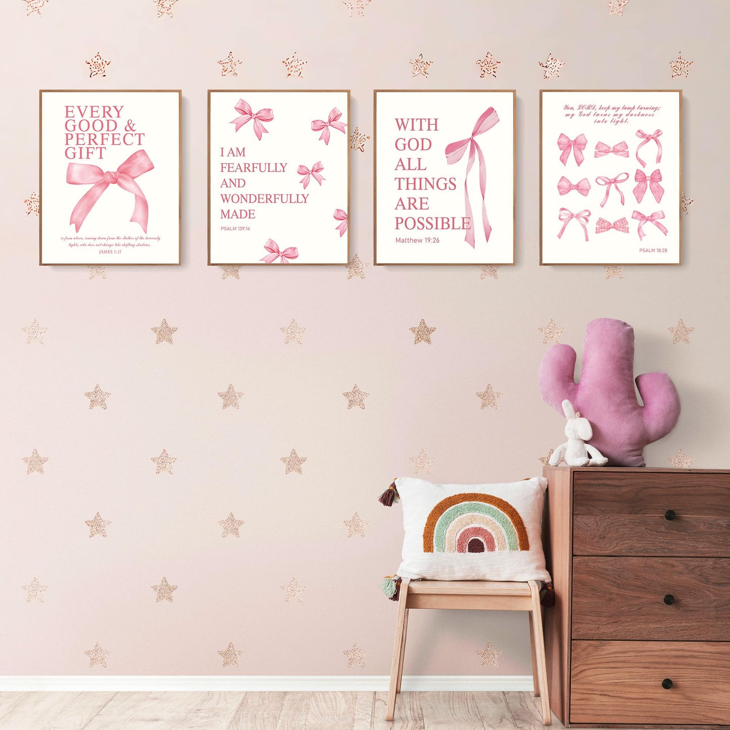 LARTSFRO Coquette Pink Bow Wall Art Decor Posters, Pink Bow Christian Room Bedroom Bathroom Dorm Wall Art Decor Aesthetic for College Teen Girls Gifts, Inspirational Bible Verses Bow Wall Decor, 10x8 Inch Set of 4 Pcs Bow Pictures (UNFRAMED)