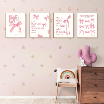 LARTSFRO Coquette Pink Bow Wall Art Decor Posters, Pink Bow Christian Room Bedroom Bathroom Dorm Wall Art Decor Aesthetic for College Teen Girls Gifts, Inspirational Bible Verses Bow Wall Decor, 10x8 Inch Set of 4 Pcs Bow Pictures (UNFRAMED)