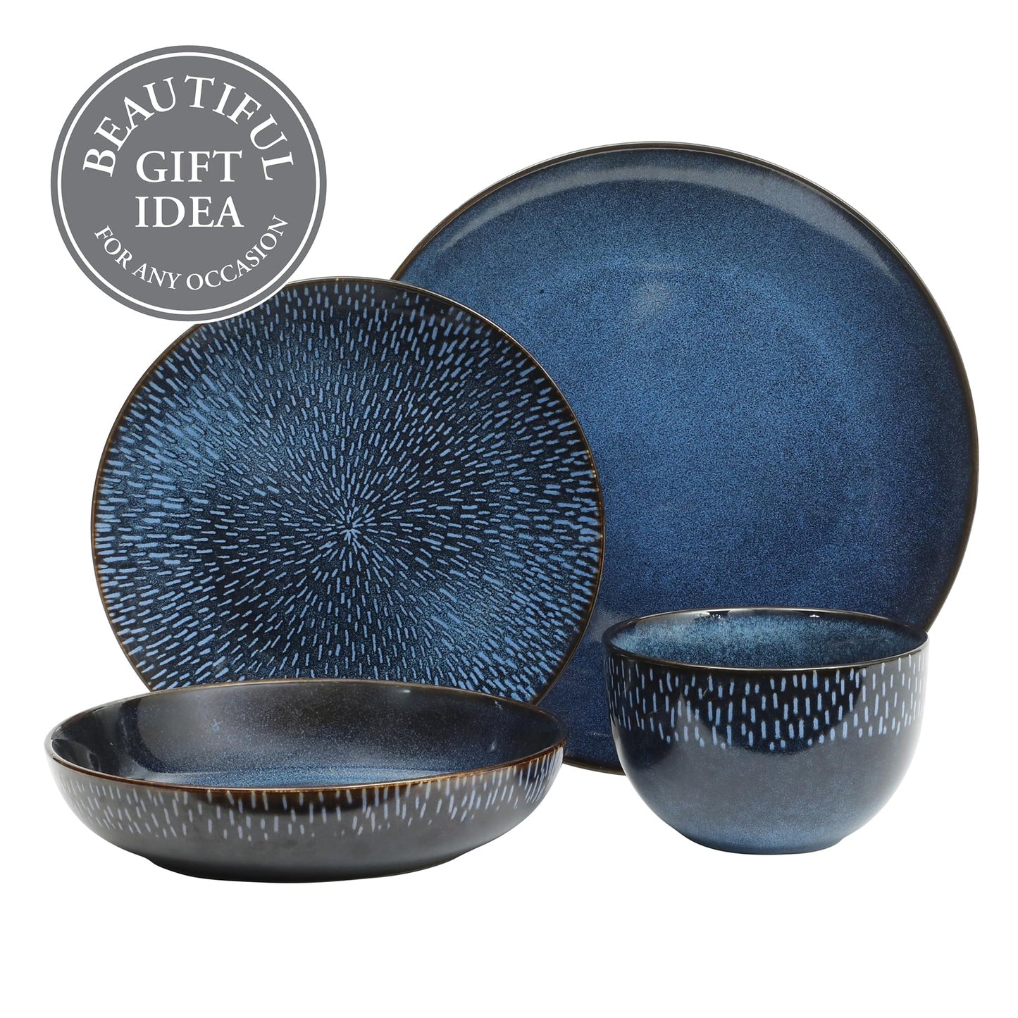 Gibson Elite Matisse 16 Piece Double Bowl Dinnerware Set, Cobalt Blue, Service for 4 (16pcs)