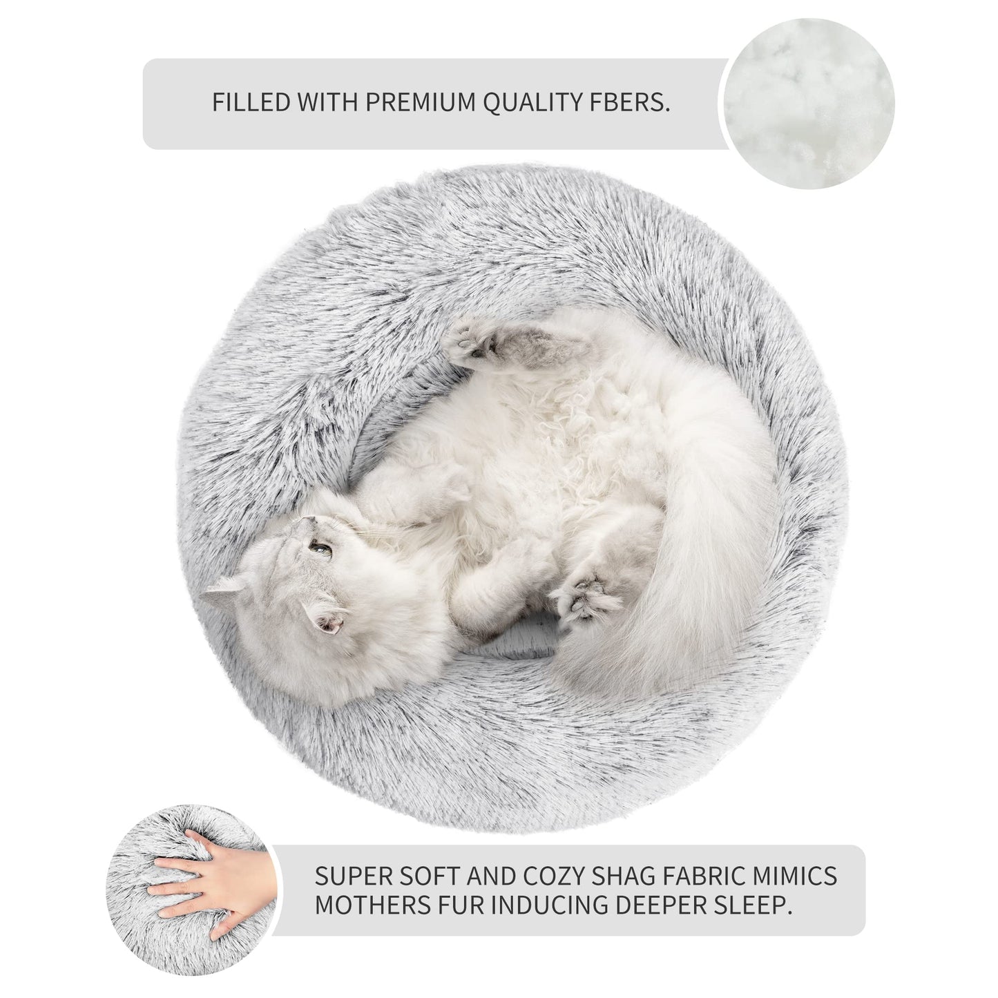 Love's cabin Calming Cat Bed for Indoor Cats, Anti-Anxiety Donut Round Dog Bed, Fluffy Faux Fur Washable Pet Bed for Small Medium Dogs and Cats,Grey,20in