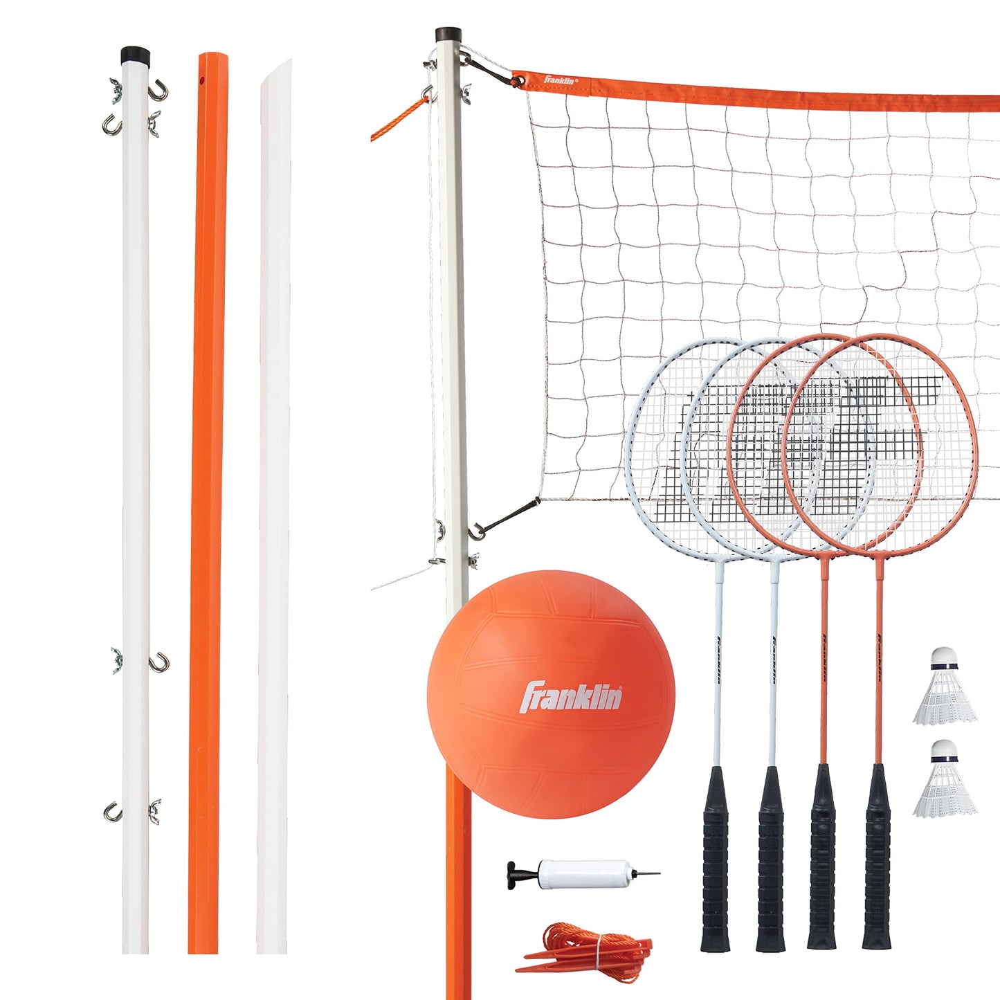 Franklin Sports Volleyball & Badminton Combo Set - Portable Backyard Net Set - Ball, Rackets & Birdie Included - Starter