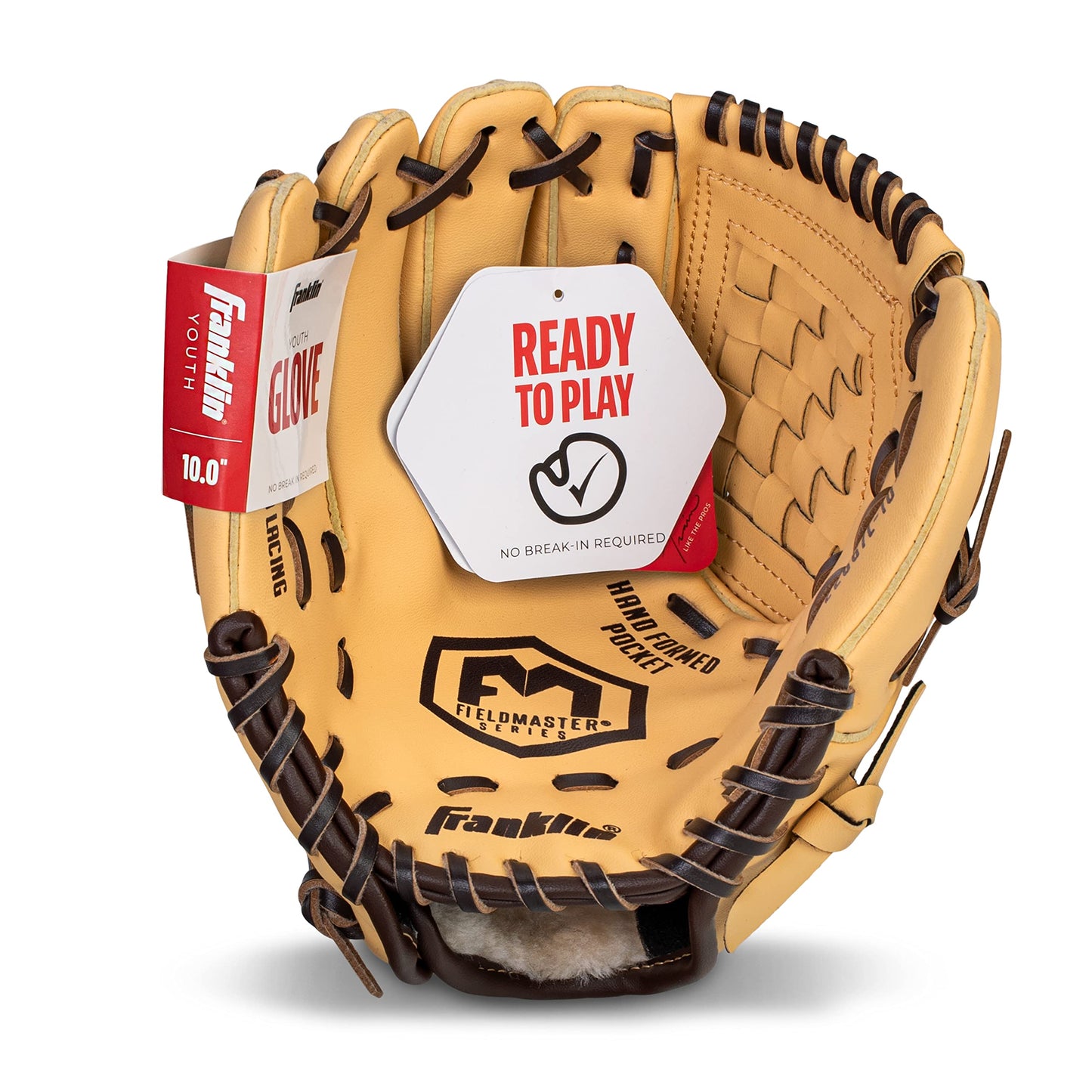 Franklin Sports Baseball + Softball Glove - Field Master Baseball + Softball Mitt - Youth Glove - Left Hand Throw - 10" - Camel Brown