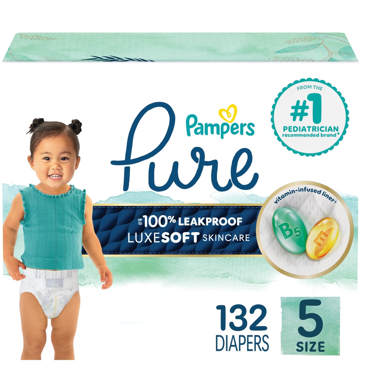 Pampers Pure Protection Baby Diapers, Size 5 (27+ lbs), 132 Count, Up to 100% Leakproof, Premium Plant-based Skin Protection, Hypoallergenic Soft Diapers