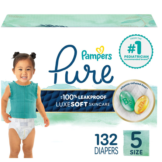 Pampers Pure Protection Baby Diapers, Size 5 (27+ lbs), 132 Count, Up to 100% Leakproof, Premium Plant-based Skin Protection, Hypoallergenic Soft Diapers