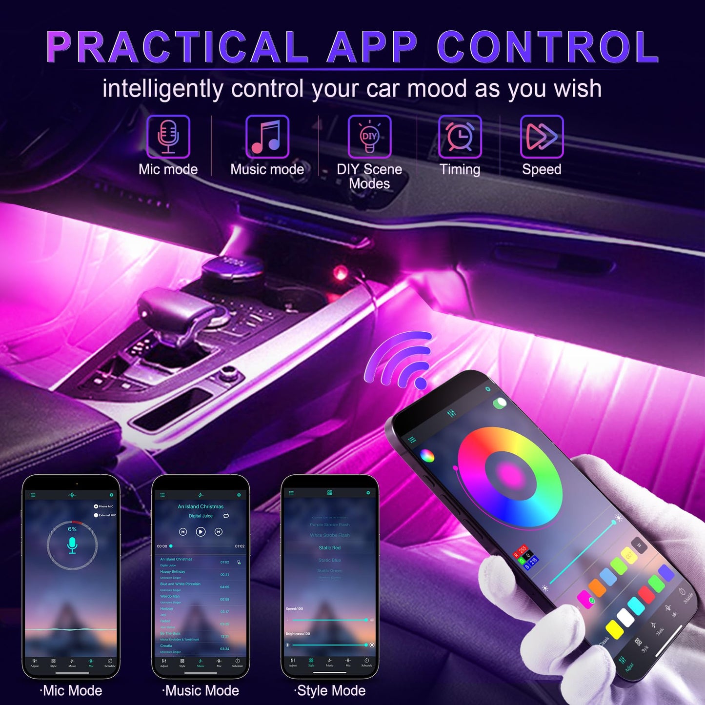 LivTee Accent Interior Car Lights, Smart Car Interior Lights with App Control, RGB LED Lights with Music Mode and DIY Mode, 2 Lines Design LED Lights for Cars with Charger, Car Accessories for Women