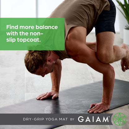 Gaiam Dry-Grip Yoga Mat - 5mm Thick Non-Slip Exercise & Fitness Mat for Standard or Hot Yoga, Pilates and Floor Workouts - Cushioned Support, Non-Slip Coat - 68 x 24 Inches - Black
