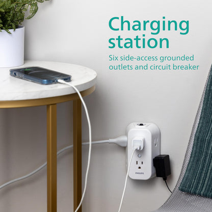 Philips 6-Outlet Extender, Grounded Wall Tap, Reset Button, Circuit Breaker, Adapter Spaced Outlets, 3-Prong, Multiple Plug, Quick and Easy Install, Cruise Essentials, ETL Listed, White, SPS1460WA/37
