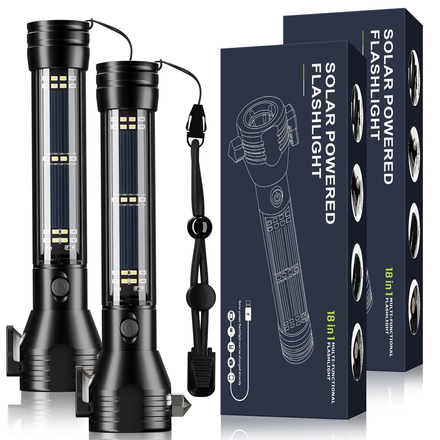 Otdair Solar/Rechargeable LED Flashlight, Multi Function Ultra Bright Flashlight, Emergency Strobe Light, USB-C Rechargeable, Survival Gear and Supplies, 5 Modes for Outdoor, Camping, Hiking, 2 Pack