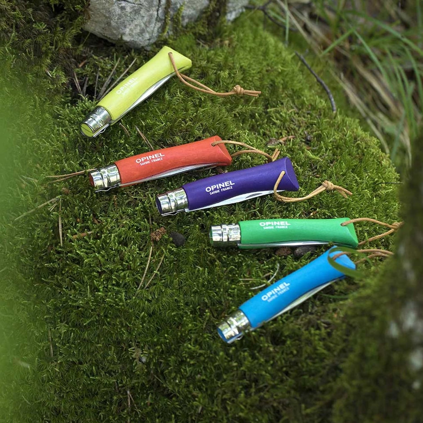 Opinel Colorama No.07 Folding Pocket Knife, Painted Wood Handles, Leather Lanyard (Anise)