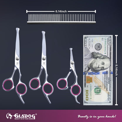 GLADOG Dog Grooming Scissors Kit with Safety Round Tips, Professional 6 in 1 Grooming Scissors for Dogs, Sharp and Heavy-duty Dog Grooming Shears for Dogs Cats Pets (Pink)