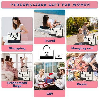 OATALY Monogrammed Canvas Tote Bag with Zipper Pockets - Ideal Gift for Mom, Teacher, Sister