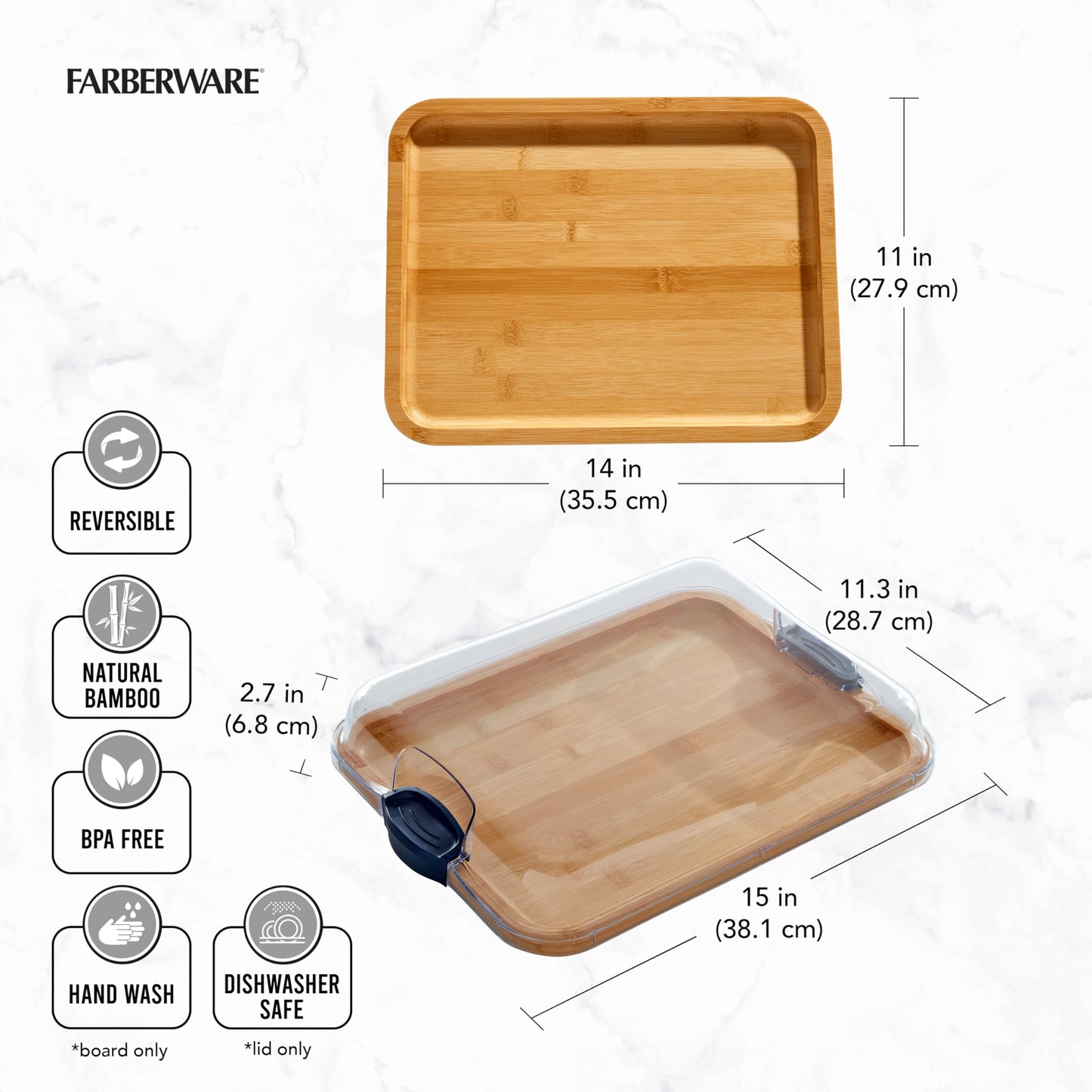 FARBERWARE Build-A-Board Bamboo Cutting Board with Built-in Compartments, Clear Locking Lid & Navy Handles, Ideal for Charcuterie, Snacks & Prep