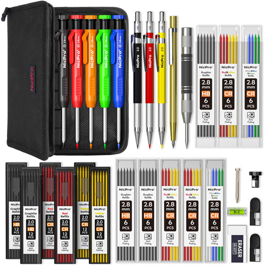 Nicpro 31 Pack Carpenter Pencil Set with Sharpener, Mechanical Carpenter Pencils with 128PCS Refills and Carbide Scribe Tool, Heavy Duty Construction Pencils for Architect Woodworking-With Canvas Case