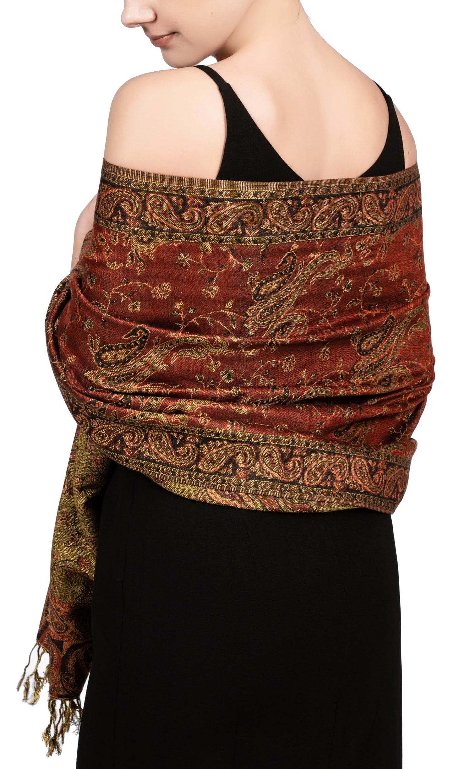 Achillea Soft Silky Reversible Paisley Pashmina Shawl Wrap Scarf w/Fringes (Rust Red)