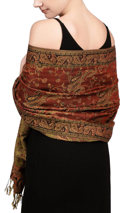 Achillea Soft Silky Reversible Paisley Pashmina Shawl Wrap Scarf w/Fringes (Rust Red)