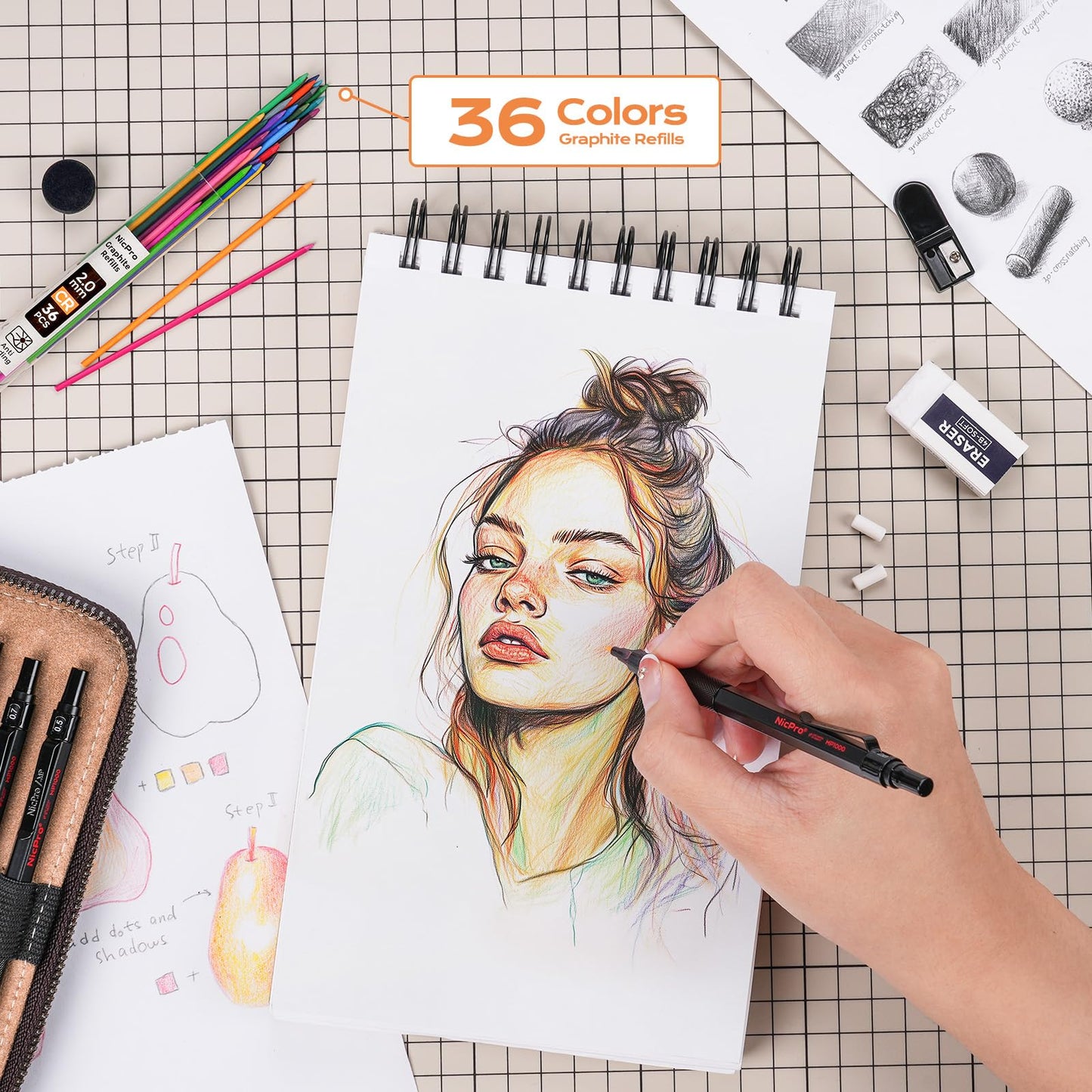 Nicpro 30PCS Black Metal Mechanical Pencil Set in Leather Case, Art Drafting Pencil 0.5, 0.7, 0.9 mm, 2mm Lead Pencil Holders for Sketching Drawing With 16 Tube (6B 4B 2B HB 2H 4H Colors)Lead Refills