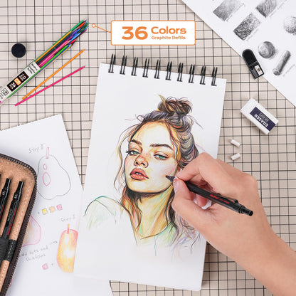 Nicpro 30PCS Black Metal Mechanical Pencil Set in Leather Case, Art Drafting Pencil 0.5, 0.7, 0.9 mm, 2mm Lead Pencil Holders for Sketching Drawing With 16 Tube (6B 4B 2B HB 2H 4H Colors)Lead Refills