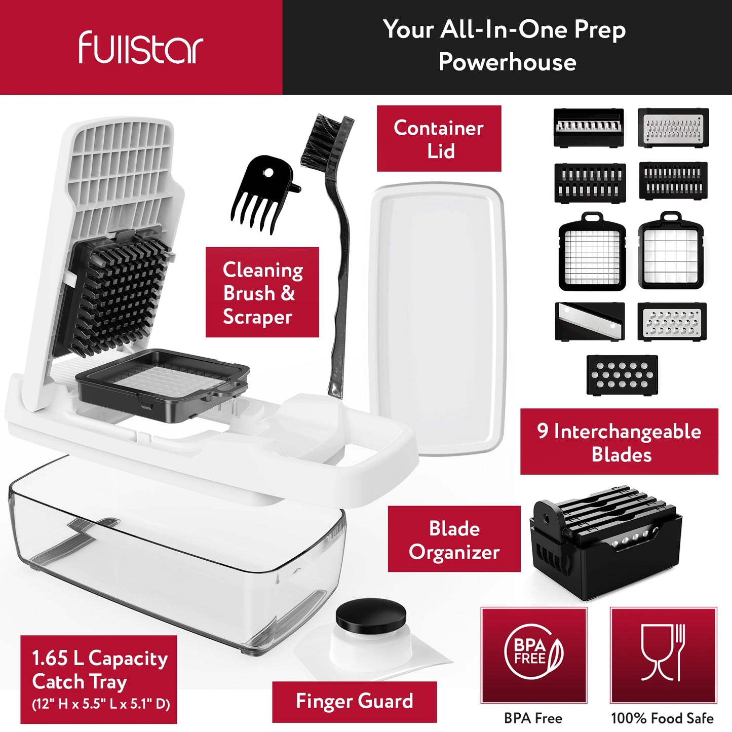 Fullstar Vegetable Chopper & Mandoline Slicer for Kitchen - Food Chopper with Container, Cheese Grater, Home Essentials & Kitchen Gadgets (Lite - 9 in 1)