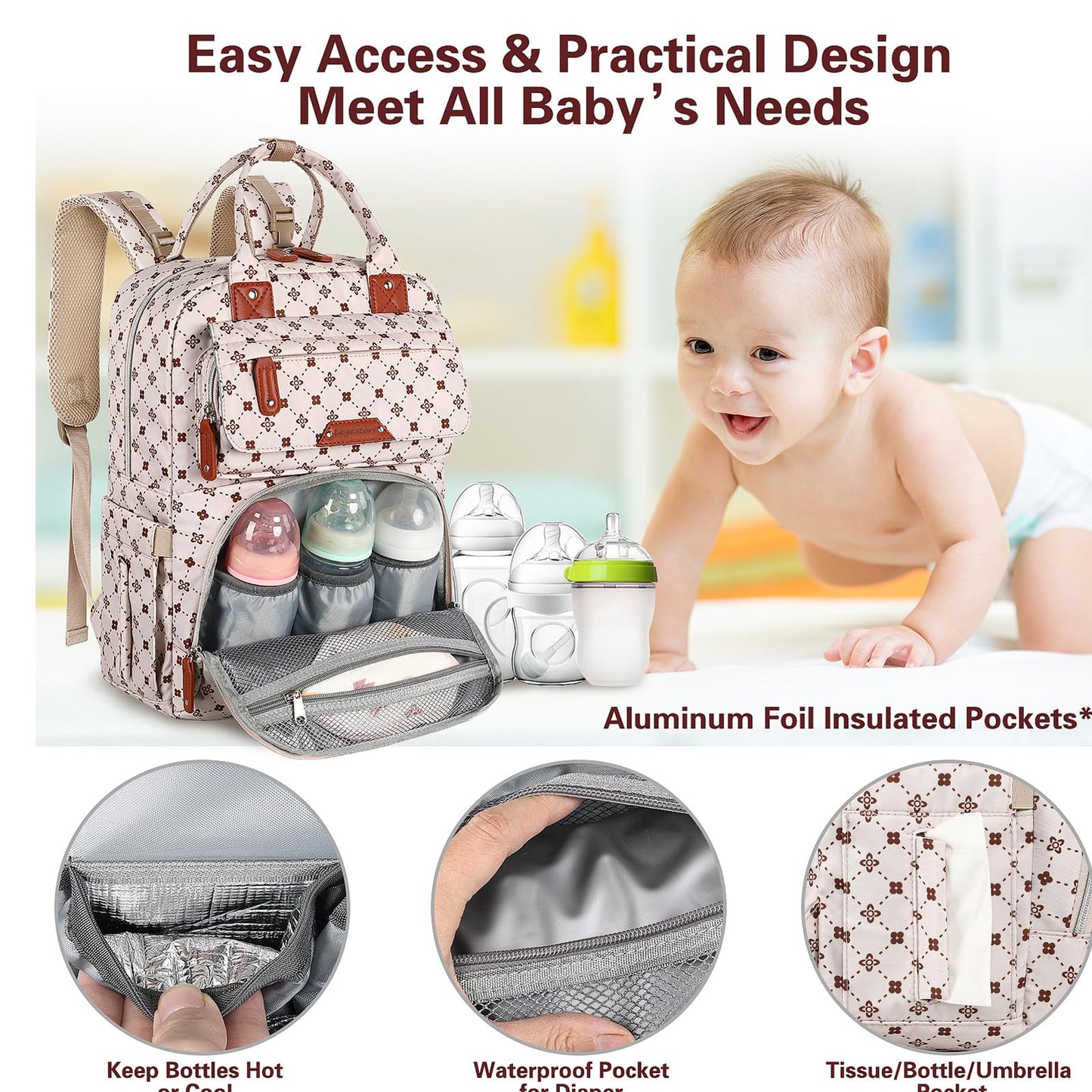 Legestori Baby Diaper Bag Backpack, Baby Bag for Girls Large Capacity with Stylish Flora, Travel Back Pack Multifunction Waterproof, Newborn Baby Registry Shower Gifts, Pink05