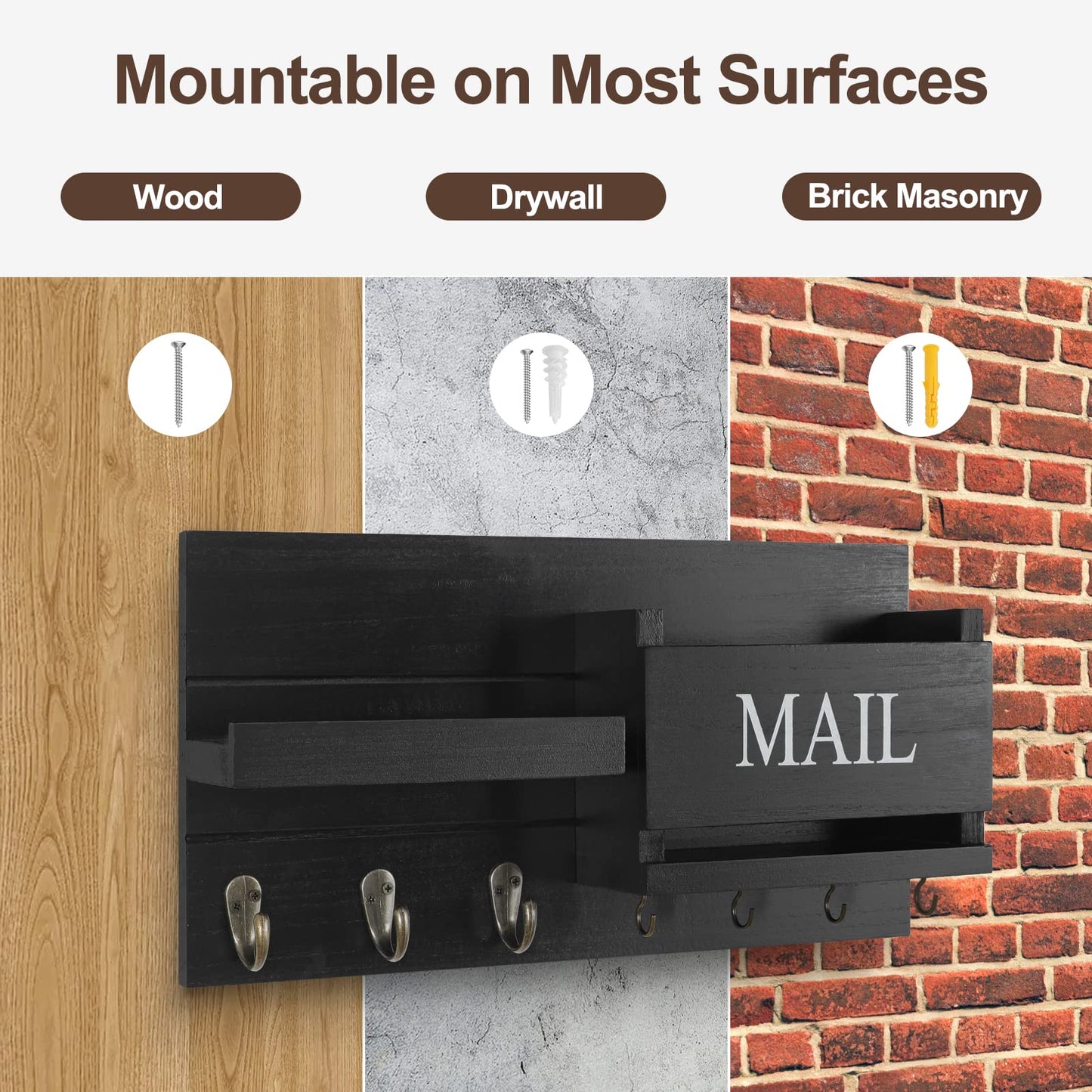 Lwenki Mail Organizer for Wall Mount – Key Holder with Shelf Includes Letter Holder and Hooks for Hallway Farmhouse Decor – Rustic Wood with Flush Mounting Hardware (16.5” x 9.1” x 3.4”) (Black)