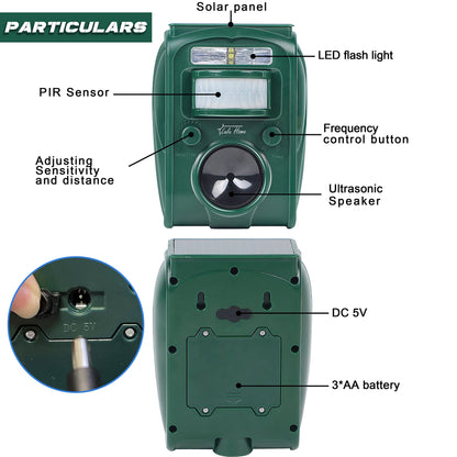 Lulu Home 2 Packs Ultrasonic Animal Repeller, Weatherproof Solar Powered Rodent Repeller with Motion Activated Flashing LED Light, Repel Dogs, Cat, Squirrels, Raccoon, Rabbit, Fox & More