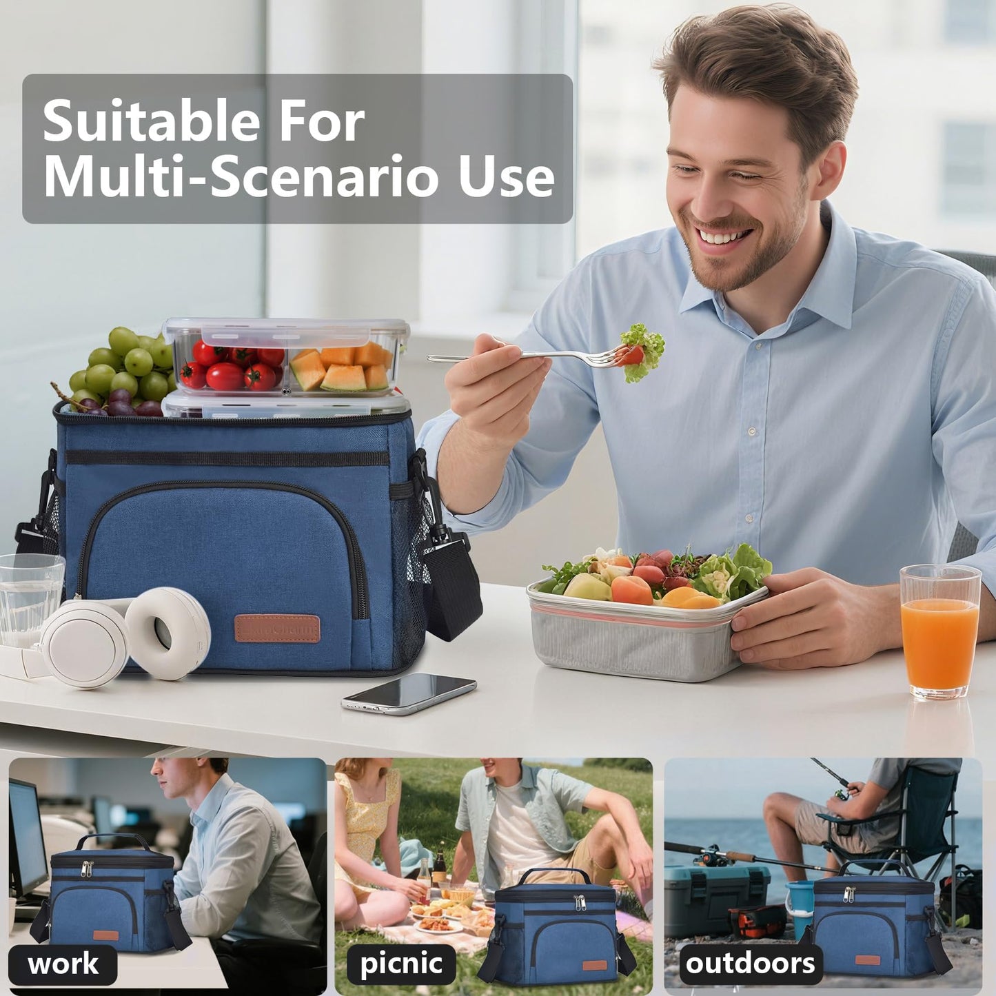 ExtraCharm Insulated Lunch Bag for Women/Men - Reusable Lunch Box for Office Picnic Hiking Beach - Leakproof Cooler Tote Bag Organizer with Adjustable Shoulder Strap for Adults - Blue