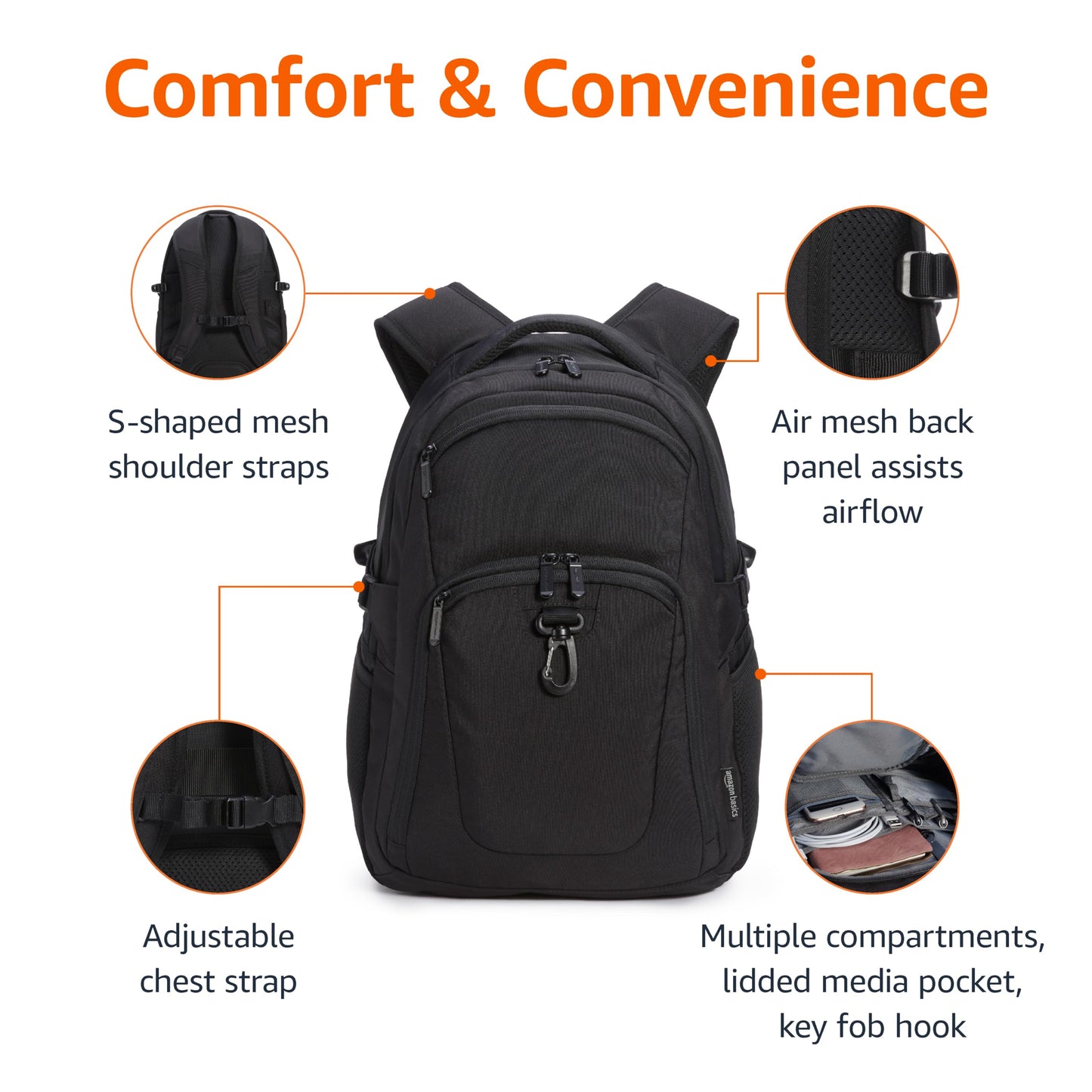 Amazon Basics Travel Laptop Backpack for 15.6 inch Laptop, Black