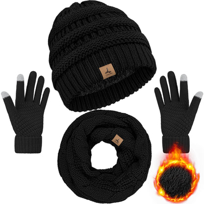 LOROME Winter Beanie Hat Scarf Gloves, Warm Fleece Knit Winter Hats Touch Screen Gloves Neck Scarf Set Winter Gifts for Women Men