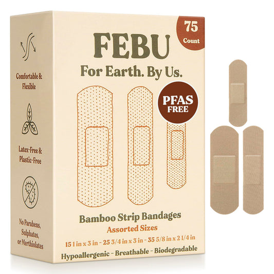 FEBU Eco-Friendly Bamboo Fabric Bandages | PFAS Free Flexible Fabric Bandages | Natural Hypoallergenic Bandage for Scrapes, Cuts & First Aid | Fully Compostable, Latex Free Bandage | 75 Count Strip