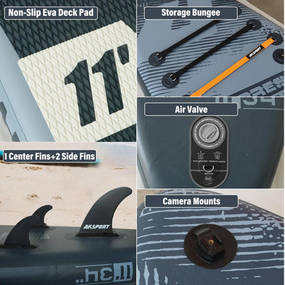 AKSPORT 11' x 34'' x 6'' Inflatable Stand Up Paddle Board SUP with Full Accessories,Wide Stable Design, Non-Slip Deck- 2-in-1 Convertible SUP/Kayak for Paddling/Fishing