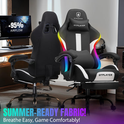 GTRACING Gaming Chair with Foot Rest & Racing Style RGB LED Lights, Breathable Fabric for Home Office Desk, Ergonomic High Back Computer Chair with Headrest & Lumbar Support, RGB Black