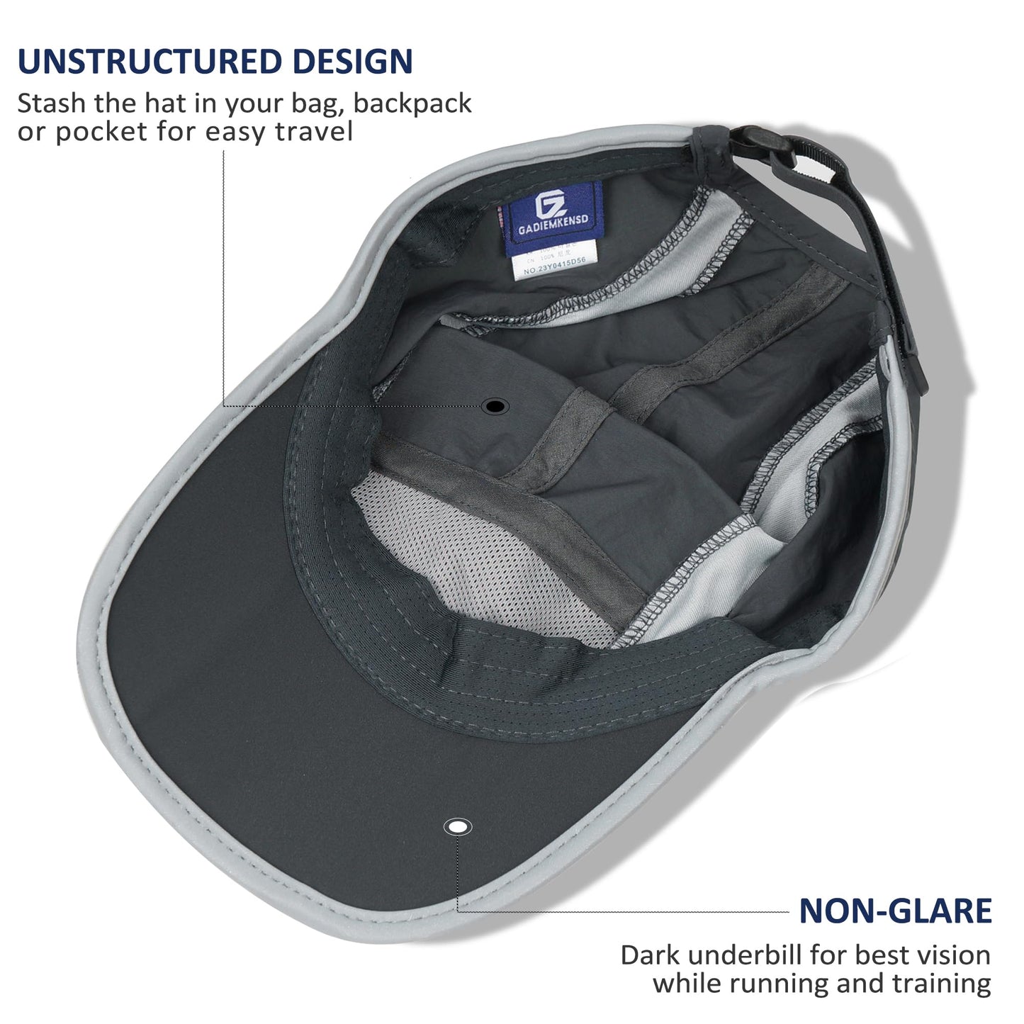 GADIEMKENSD Sport Hat 50+ UPF Inhibit UV Lightweight Baseball Cap Quick Drying Reflective Foldable Cap Water Repellency with Mesh Race Suitable for Men Woman Running Outdoor Activity Cap Dark Gray