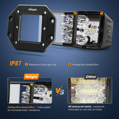 Nilight 2PCS 42W Flush Mount LED Light Pods Spot Flood Combo Backup Reverse Driving Headlamp Mount on Bumper Grille for 4x4 Offroad Truck SUV