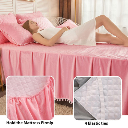 LIFEREVO Luxury Pom Poms Velvet Bed Skirt, Velvet Wrap Around Bed Skirt, Diamond Quilted Fitted Bed Sheet with Bedskirt, 18 Inch Drop Dust Ruffle Decorative Bedspread Pompoms Fringe(Full/Queen, Pink)
