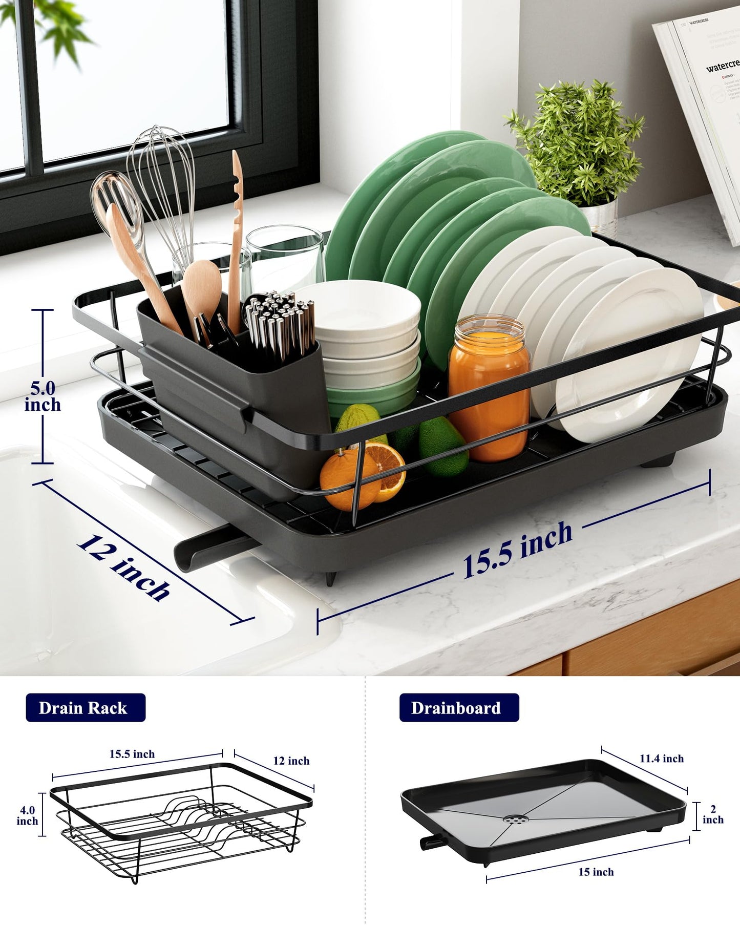 Kitsure Dish Drying Rack for Kitchen Counter, Stainless Steel Sink Organization and Storage Essentials with Cutlery Holder, Home and Appartment Decor, 12''W x 15.5''L, Black