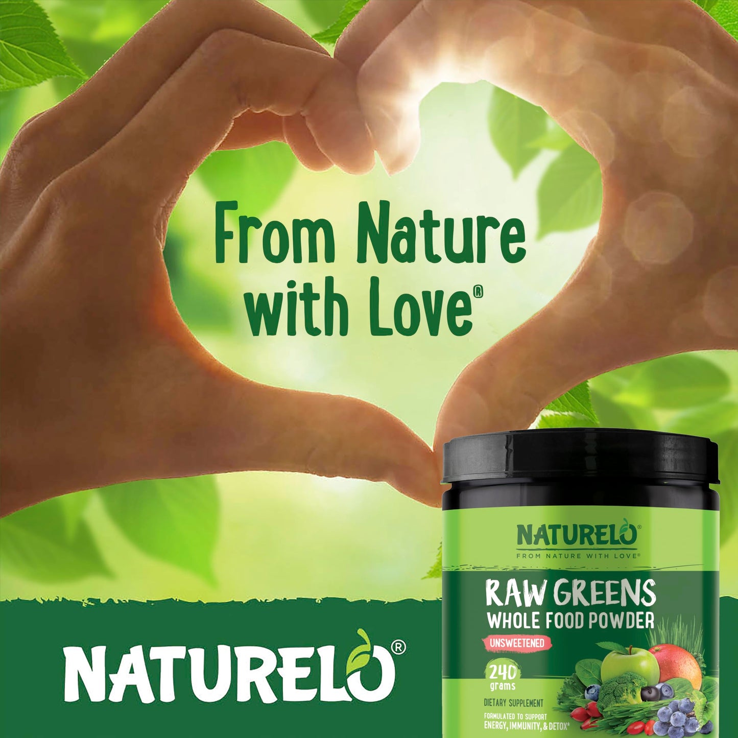 NATURELO Raw Greens Superfood Powder - Unsweetened - Boost Energy, Detox, Enhance Health - Organic Spirulina - Wheat Grass - Whole Food Nutrition from Fruits & Vegetables - 240 Grams