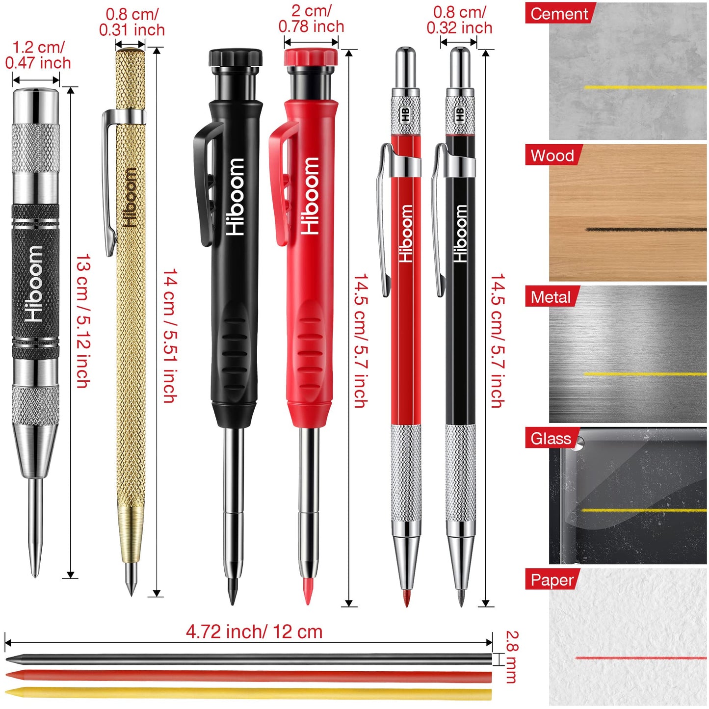 Hiboom 10 Pack Mechanical Carpenter Pencils Set with Sharpener & 36PCs 2.8mm Refills, Deep Hole Marker Pen, Automatic Center Punch, Carbide Scribe Tool, Heavy Duty Construction Pencil for Architect