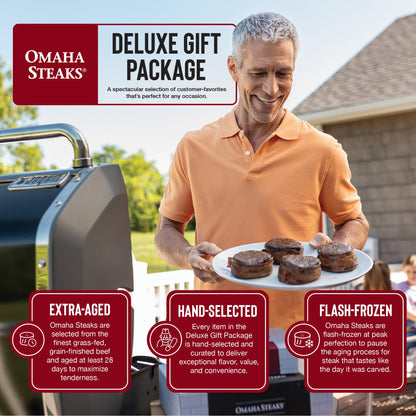 Omaha Steaks Deluxe Gift Package (4 Bacon-Wrapped Filet Mignons, 4 Steak Burgers, 4 Gourmet Jumbo Franks, 4 Potatoes au Gratin, 4 Caramel Apple Tartlets, 1 jar Omaha Steaks Seasoning)